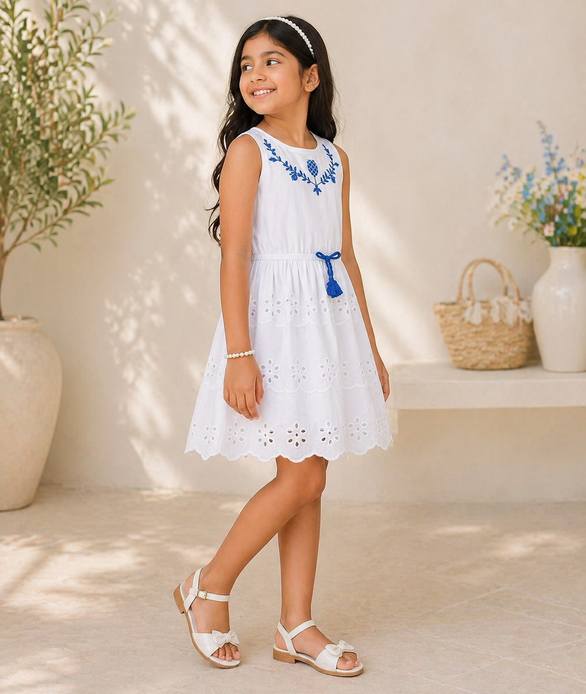 Light blue girls sleeveless A-line dress with bow detailing and flared hem