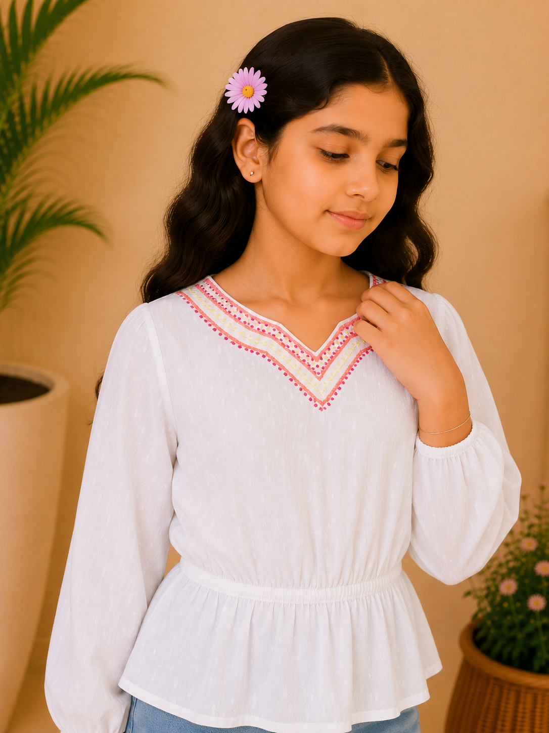Girls Embroidered Peplum Long Sleeves Top