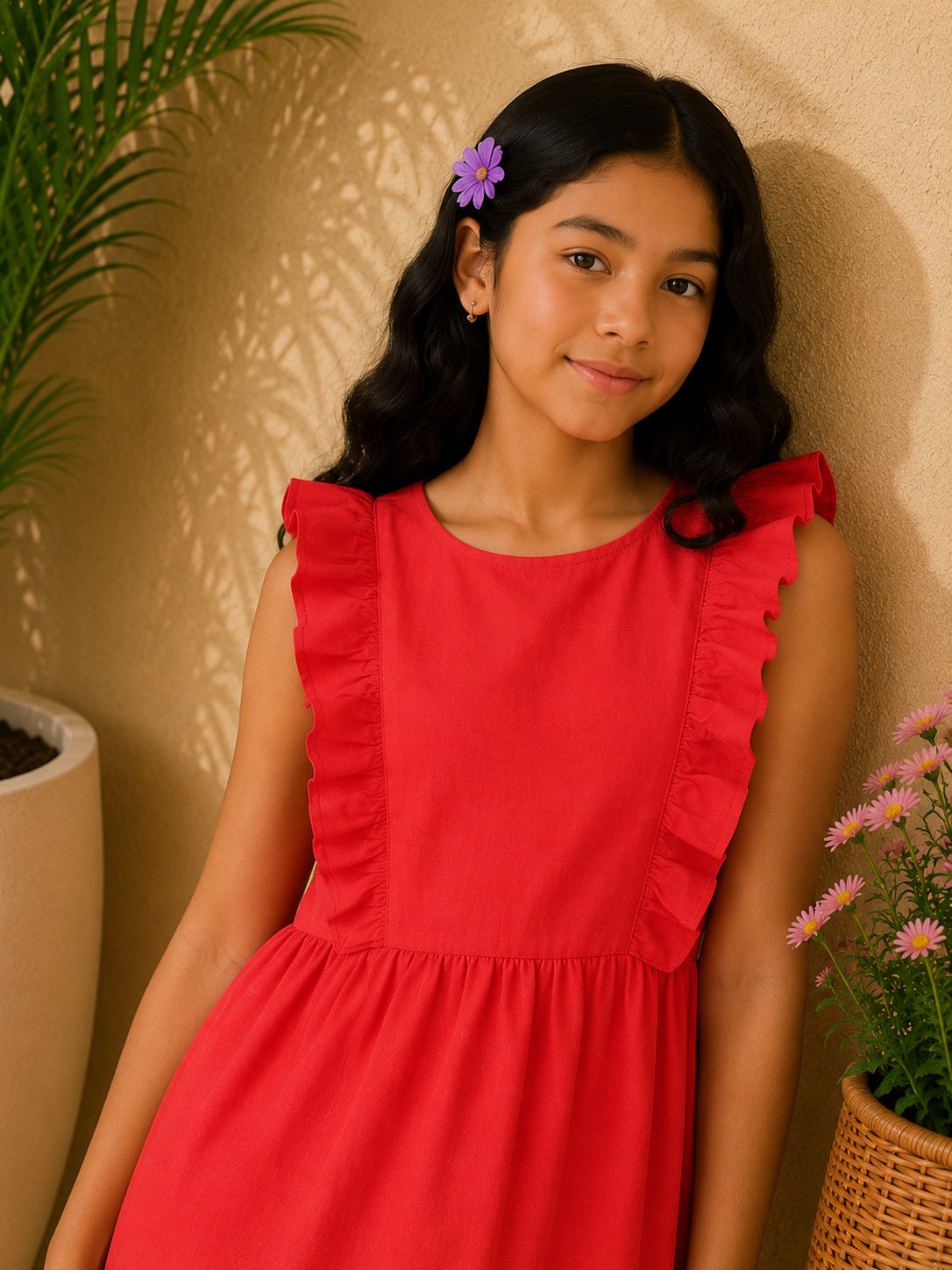Red girls sleeveless fit and flare dress with gathered waist and flared hem