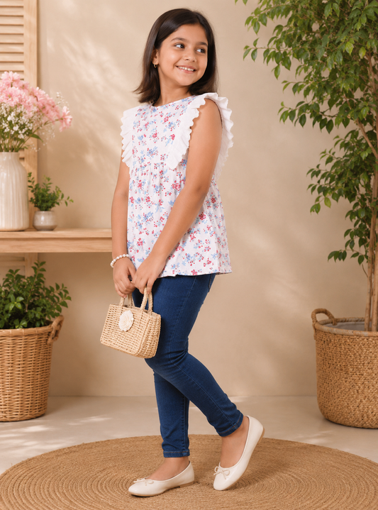 White girls sleeveless floral printed top with colourful all-over print