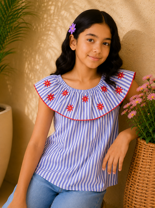 Blue and white striped girls sleeveless dress with pink floral detailing and gathered waist