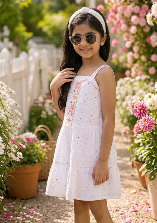 White girls sleeveless striped maxi dress with colourful embroidered detailing