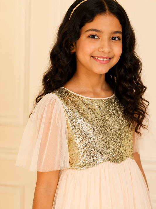 White girls layered tulle Dress with elasticated waist and flared silhouette