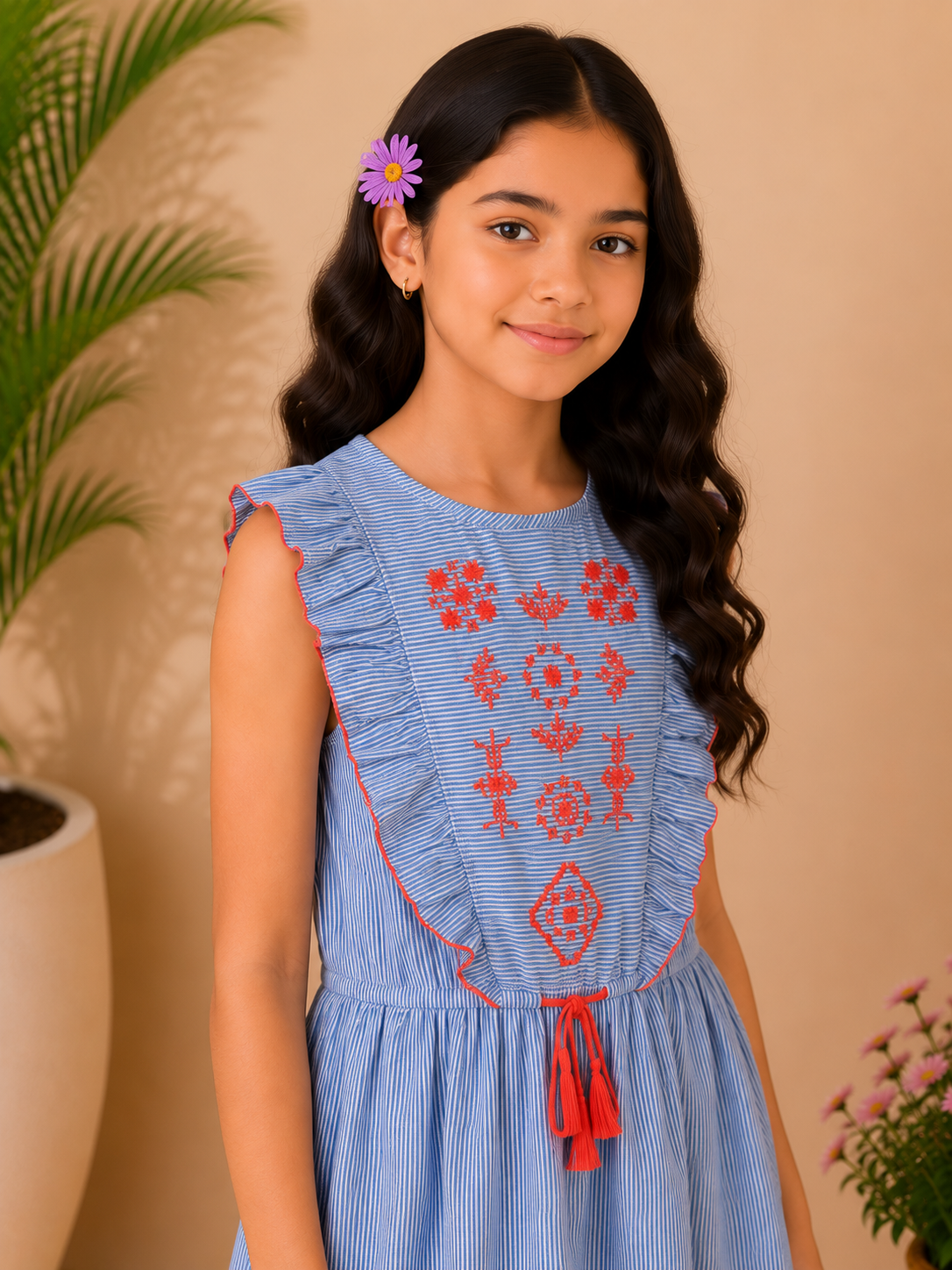 Blue girls sleeveless fit and flare dress with red striped bodice and pleated skirt