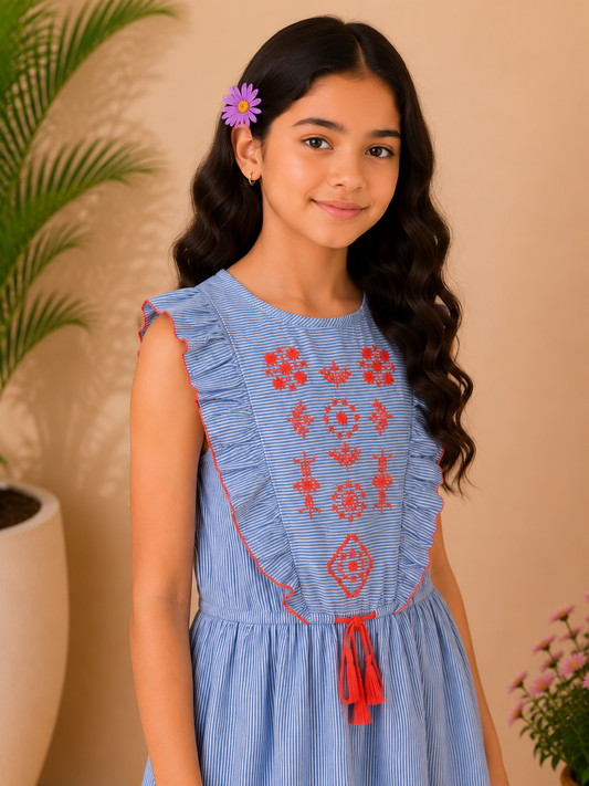 Blue girls sleeveless fit and flare dress with red striped bodice and pleated skirt