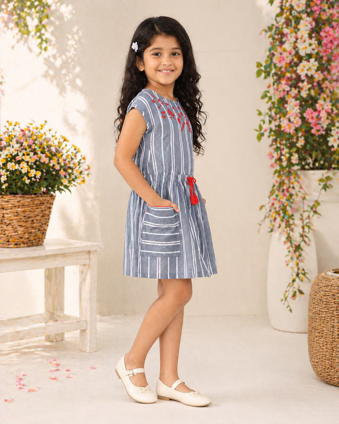 Blue striped girls co-ord set with ruffle sleeve top and matching shorts