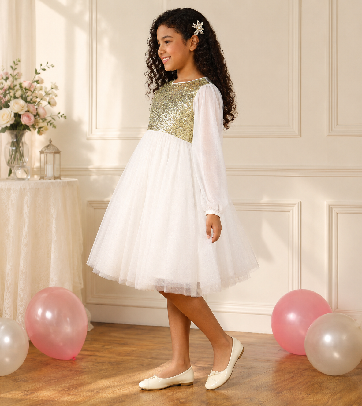 White girls sleeveless fit and flare dress with layered tulle skirt and flared hem
