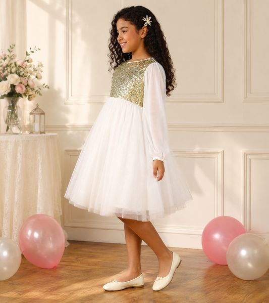 White girls sleeveless fit and flare dress with layered tulle skirt and flared hem