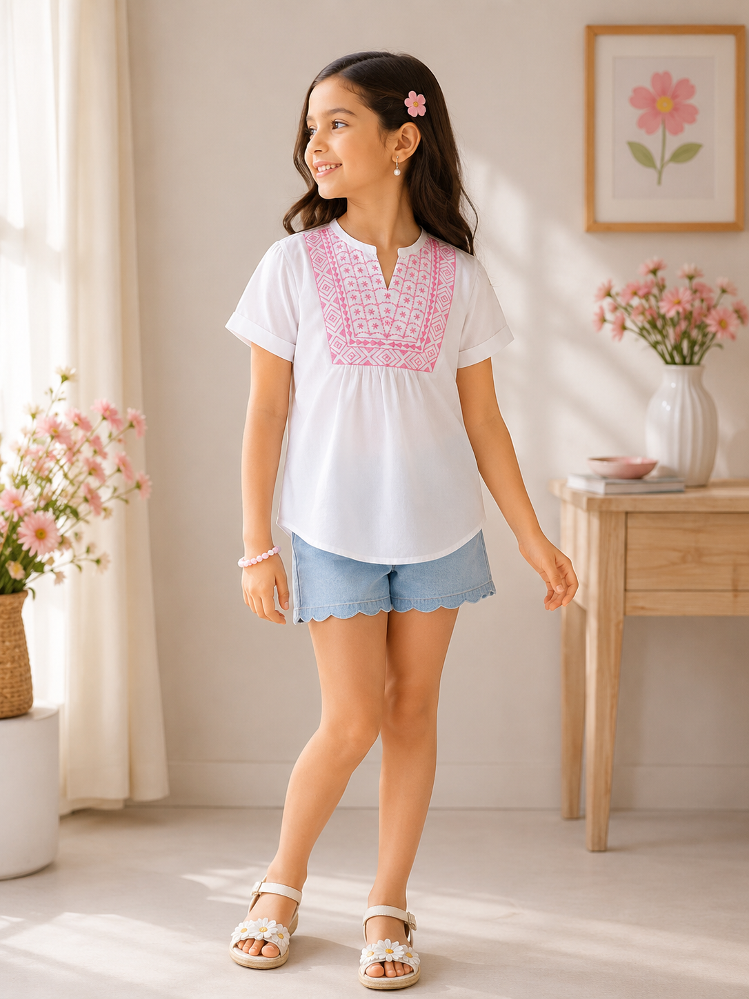 White girls short sleeve top with pink striped ruffle collar and contrast detailing