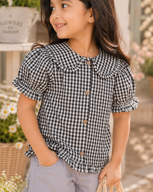 Grey girls checked shorts with elasticated waist and relaxed fit