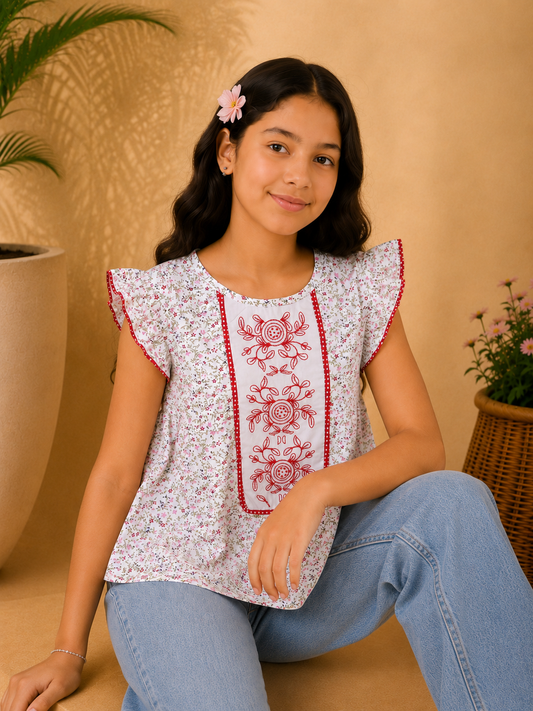 White girls sleeveless A-line dress with pink embroidered front detailing and flared hem