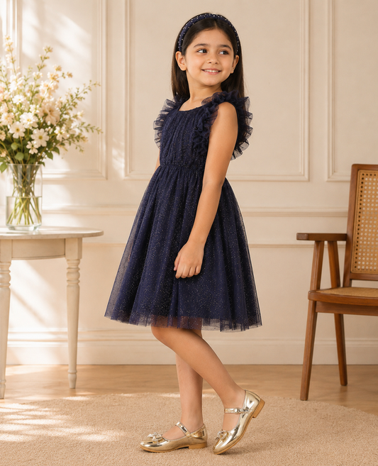 Black girls sleeveless fit and flare dress with ruffle detailing and flared skirt