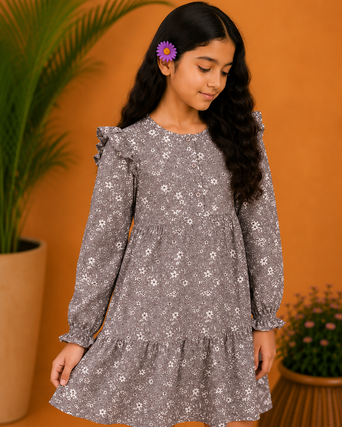 Grey girls long sleeve printed dress with gathered waist and ruffle hem