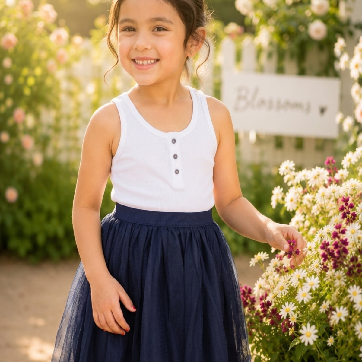 White top with navy blue girls layered tulle skirt and flared hem