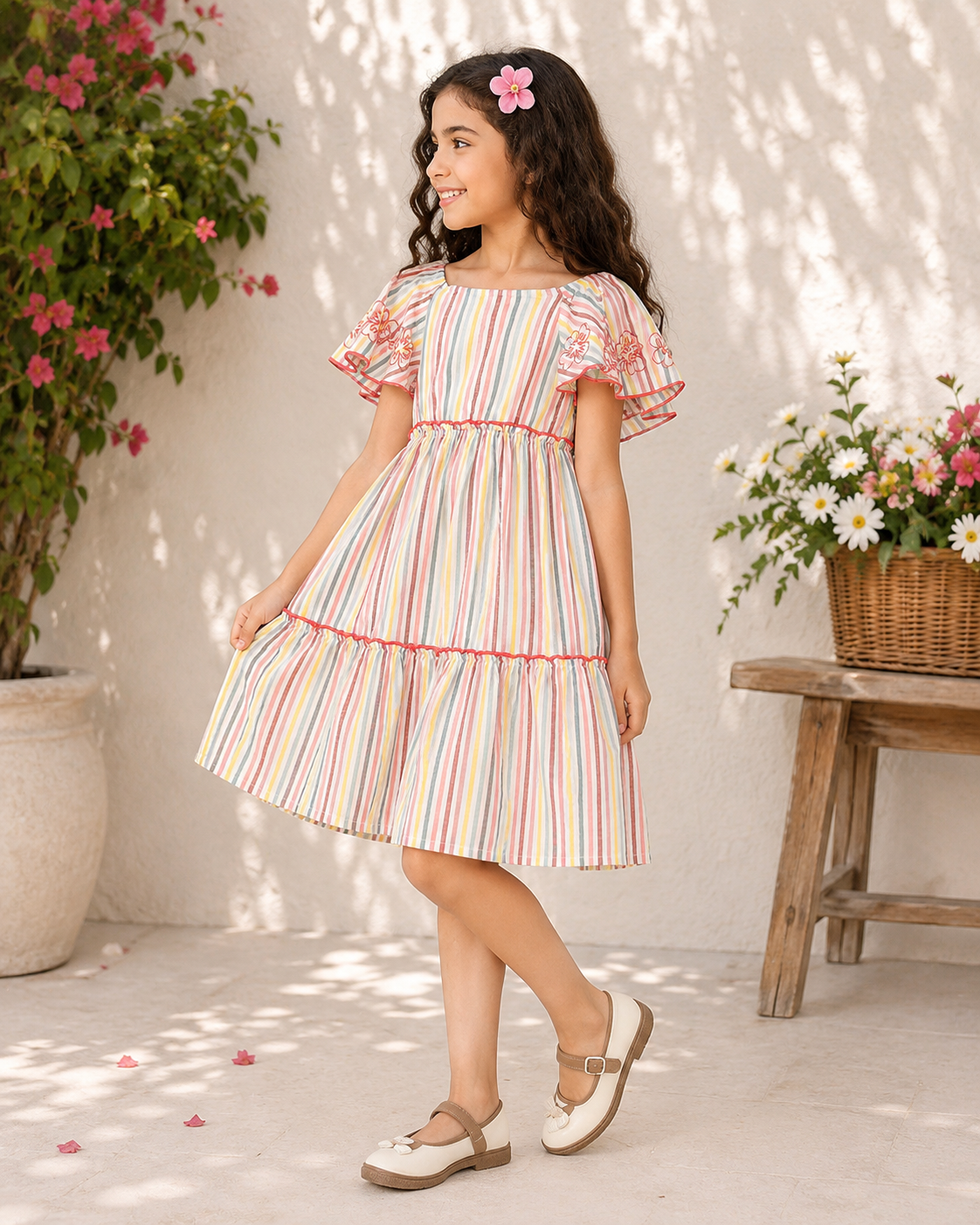 Pink and white striped girls co-ord set with ruffle sleeve top and matching shorts