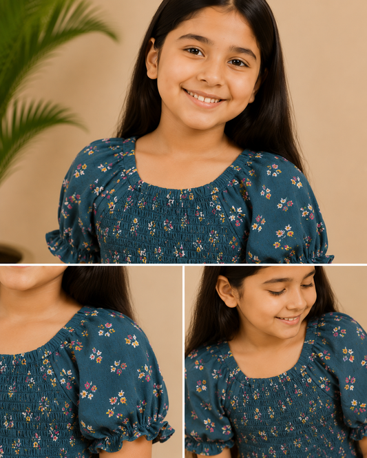 Navy blue girls floral printed short sleeve dress with gathered waist and flared hem