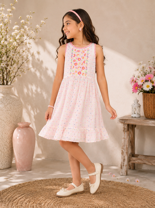 White girls sleeveless top with peach floral embroidery and ruffle detailing