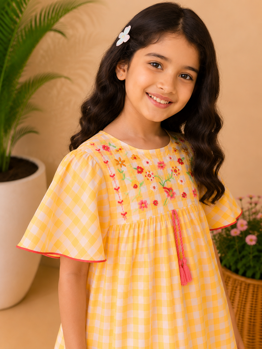 Yellow checked girls fit and flare dress with ruffle sleeves and flared skirt