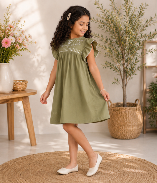 Olive green girls sleeveless fit and flare dress with ruffle detailing and flared hem