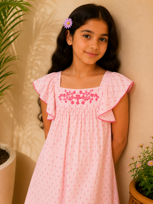 Pink girls sleeveless romper with ruffle detailing and comfortable shorts