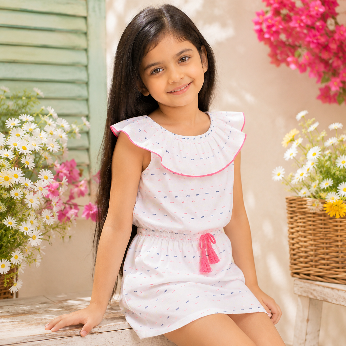 White and pink striped girls sleeveless dress with ruffle neckline and tassel detailing