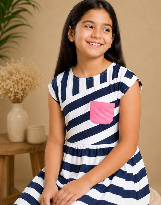 Black and white striped girls short sleeve dress with pink floral detailing and flared hem