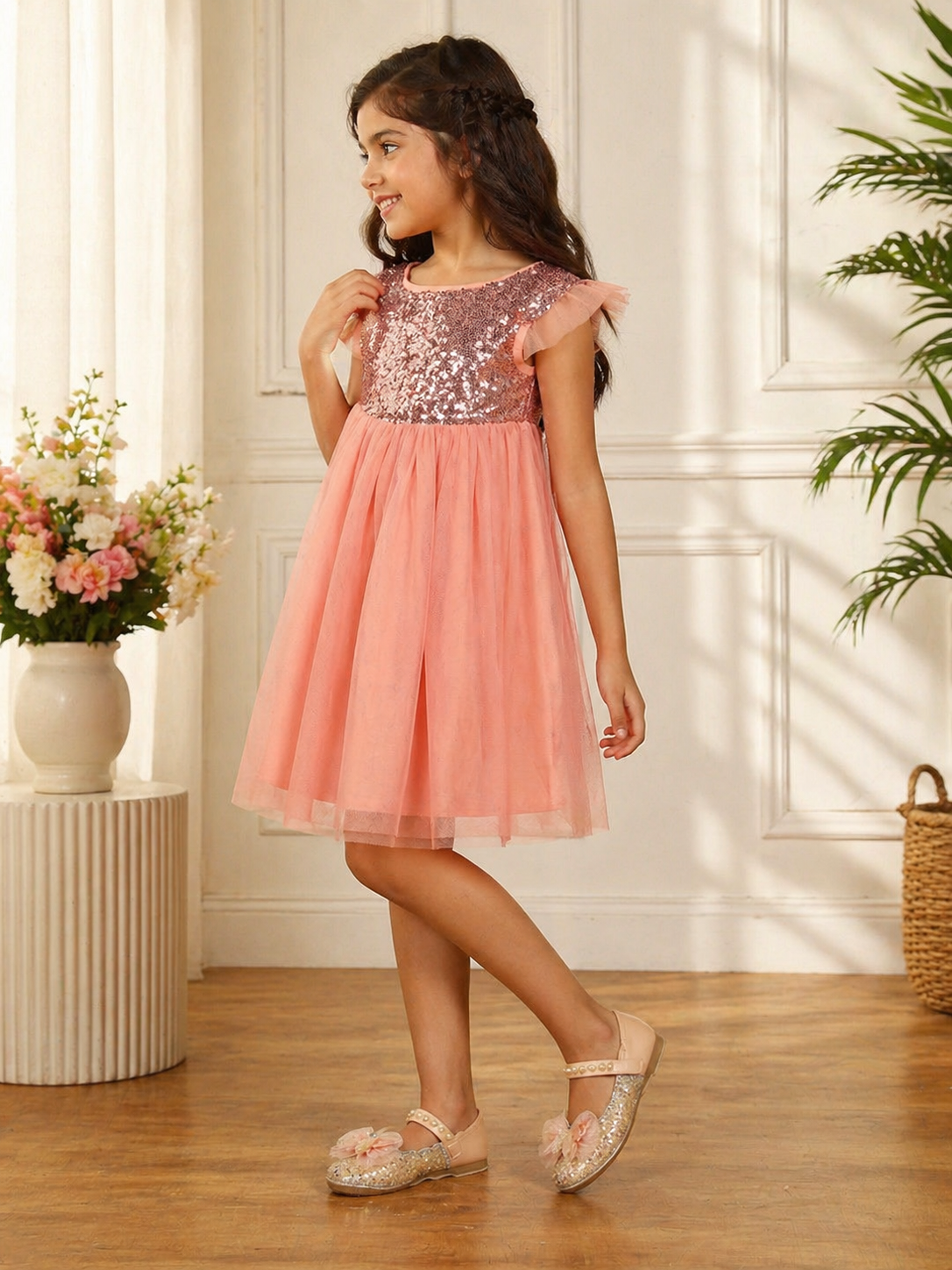 Coral pink girls off-shoulder dress with ruffle neckline and flared skirt