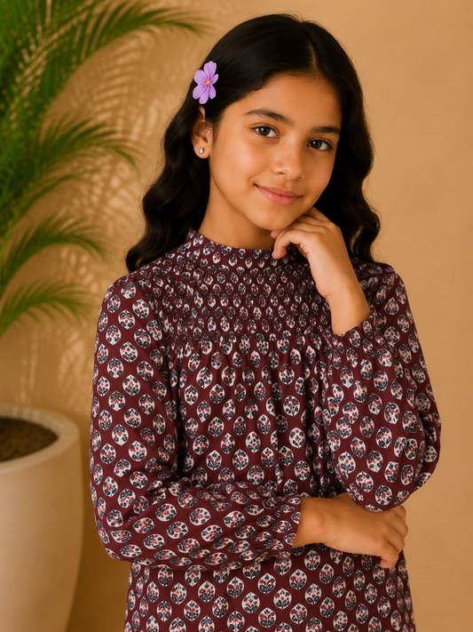 Brown checked girls flared skirt with gathered waist and ruffle detailing