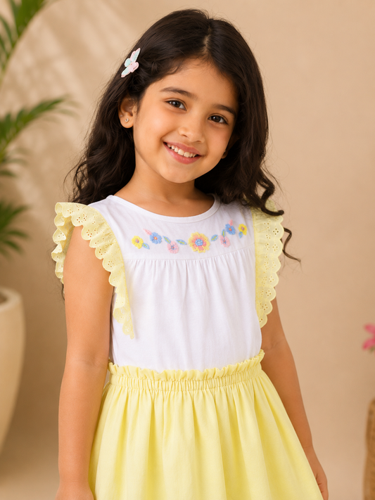 White girls sleeveless top with yellow striped skirt and gathered waist