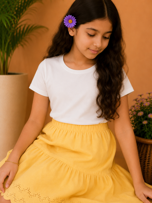 Black girls short sleeve top with mustard yellow flared skirt
