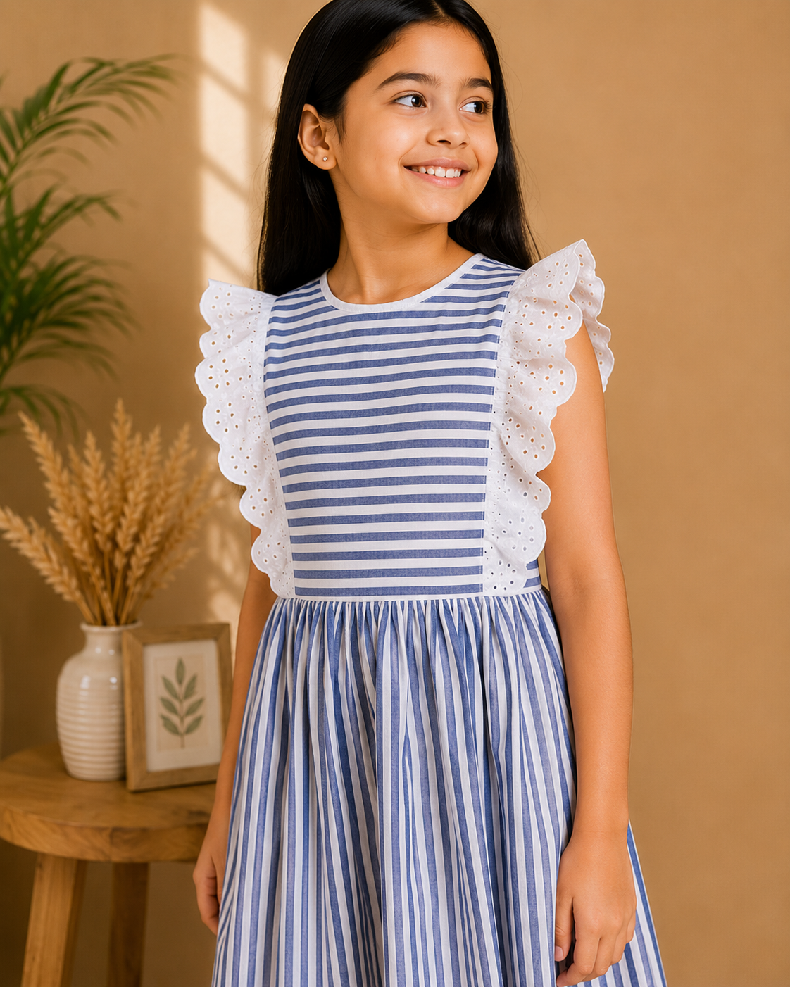 Blue and white striped girls sleeveless dress with gathered waist and flared hem