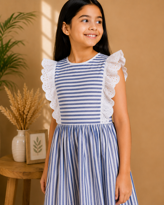 Blue and white striped girls sleeveless dress with gathered waist and flared hem