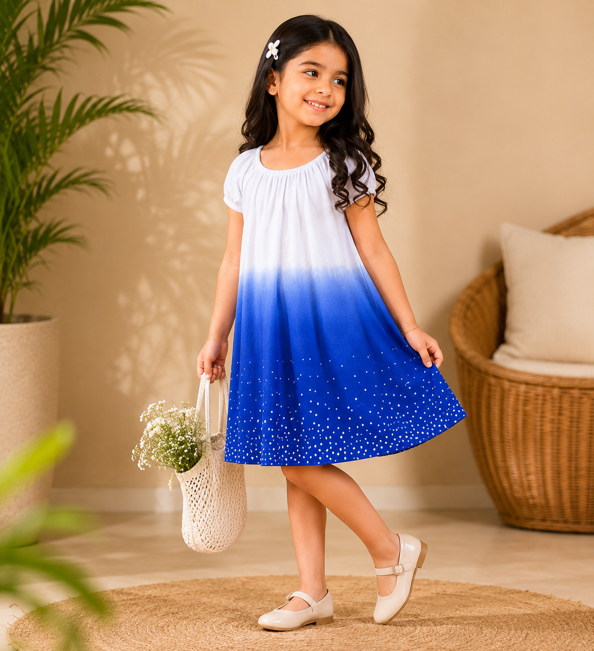 White and navy blue ombre girls sleeveless A-line dress with flared hem