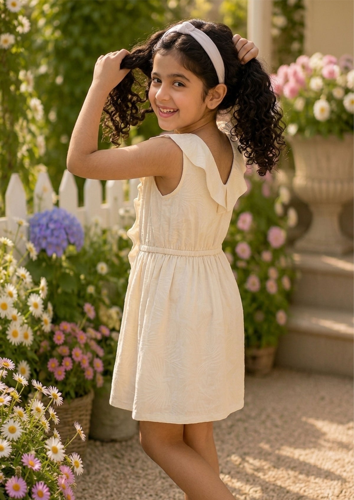 Beige girls sleeveless fit and flare dress with gathered waist and pleated skirt