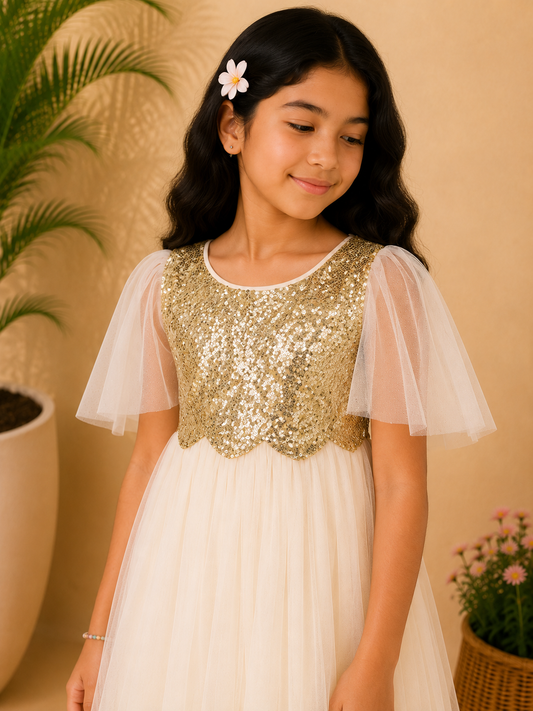 Cream girls short sleeve fit and flare dress with gathered waist and flowy skirt