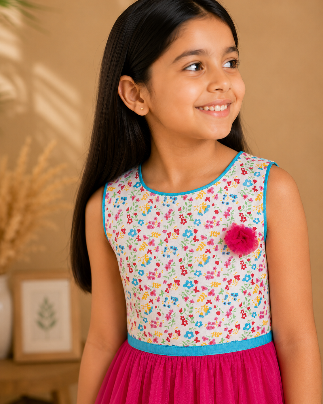 Pink girls sleeveless dress with floral bodice and layered ruffle skirt