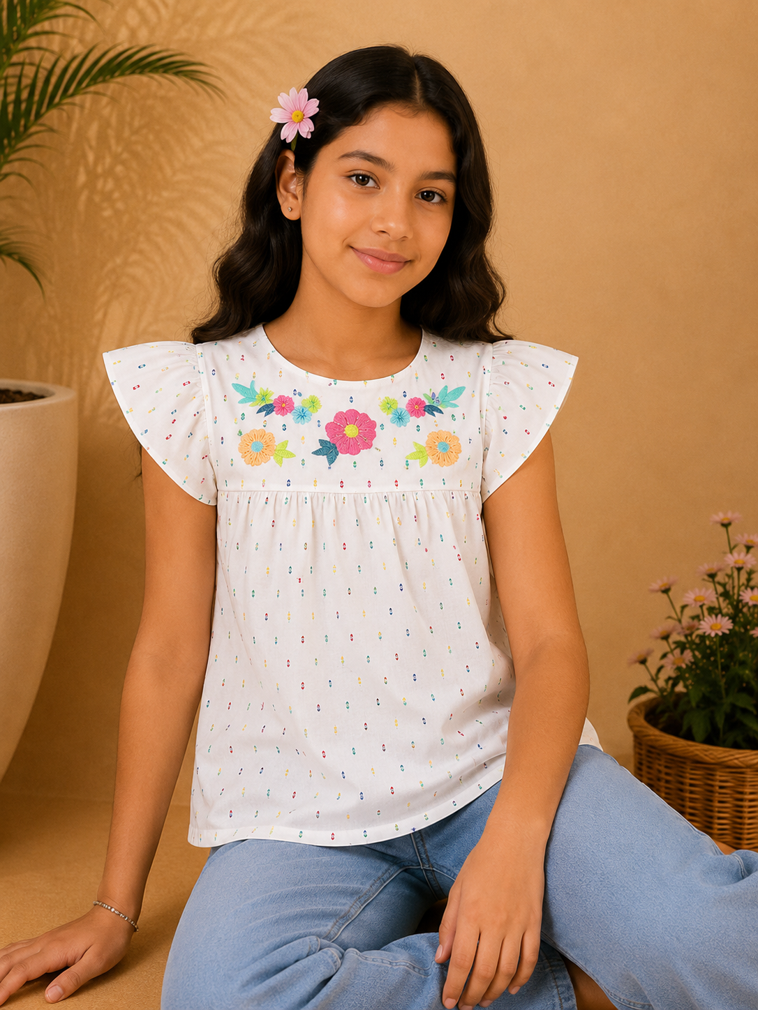 White girls short sleeve top with pink striped ruffle detailing and casual fit