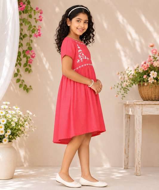 Coral red girls embroidered fit and flare dress with ruffle sleeves and flared hem