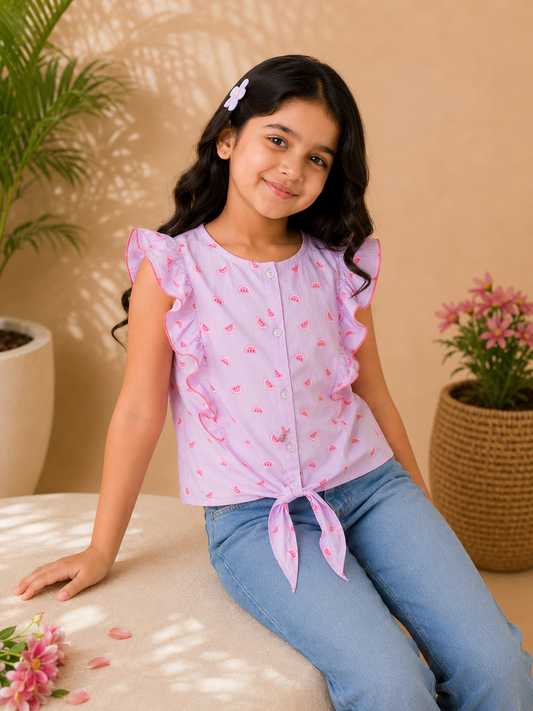 Pink floral printed girls sleeveless romper with ruffle sleeves and shorts