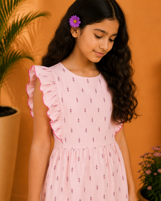 Pink and white gingham girls short sleeve dress with ruffle detailing and flared hem