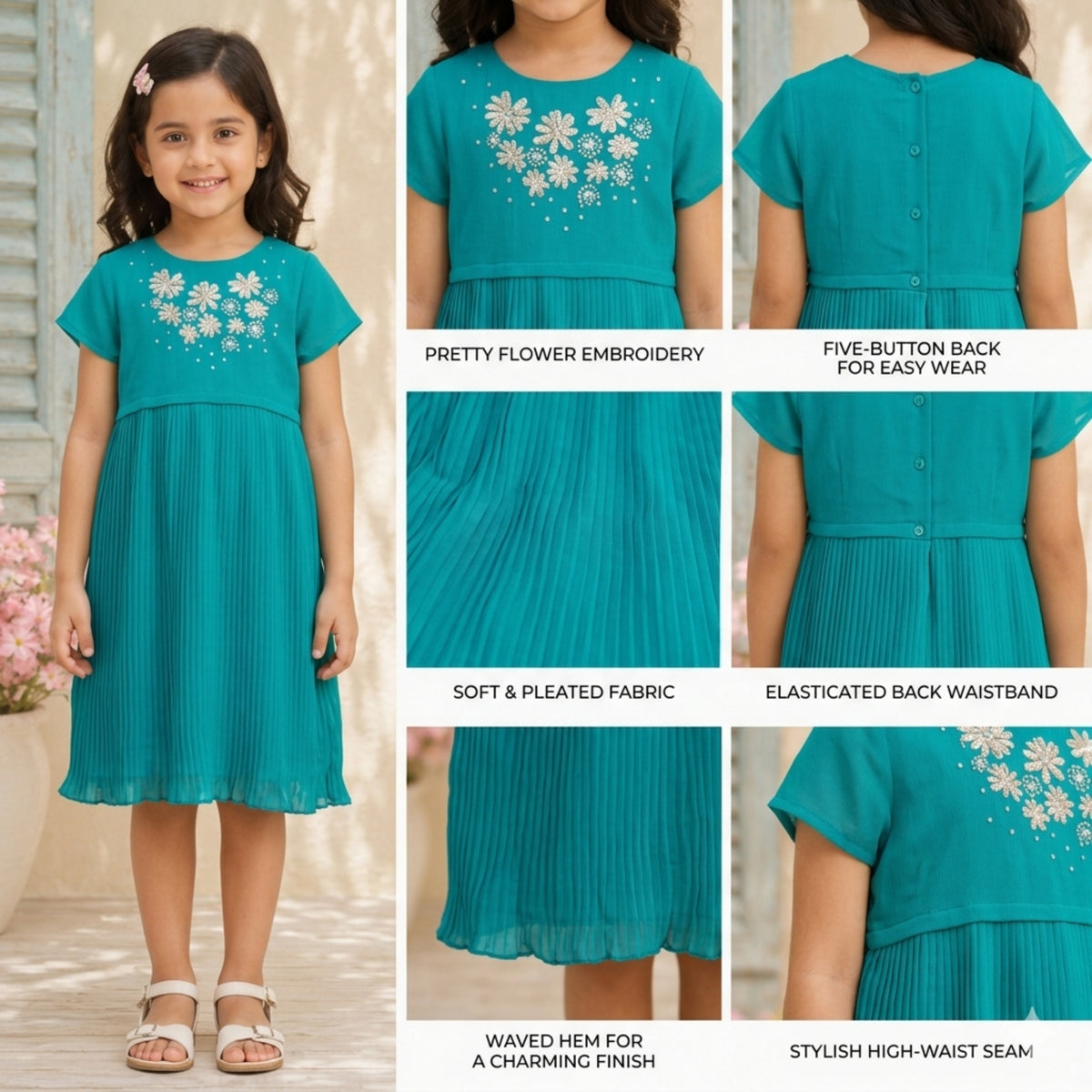 Teal green girls short sleeve dress with floral embroidery and gathered waist