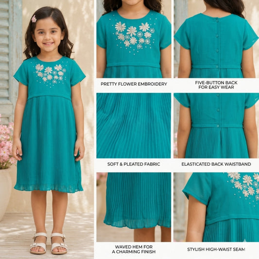 Teal green girls short sleeve dress with floral embroidery and gathered waist