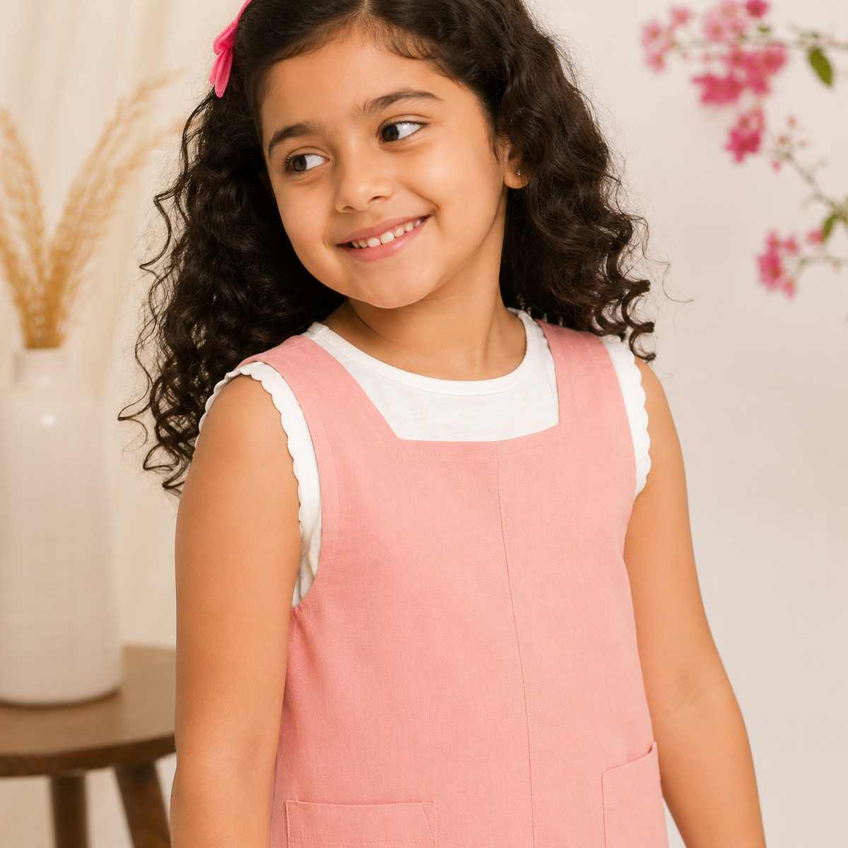 Pink checked girls sleeveless romper with shoulder straps and relaxed fit