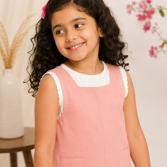 Pink checked girls sleeveless romper with shoulder straps and relaxed fit