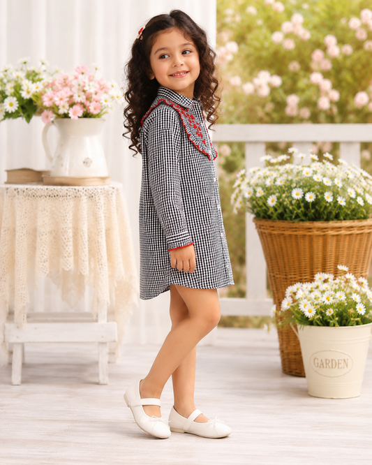 Grey girls checked short sleeve dress with red floral embroidery and ruffle detailing