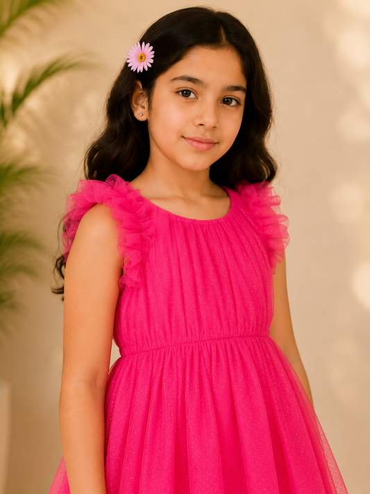 Hot pink girls sleeveless fit and flare dress with ruffle detailing and flared skirt
