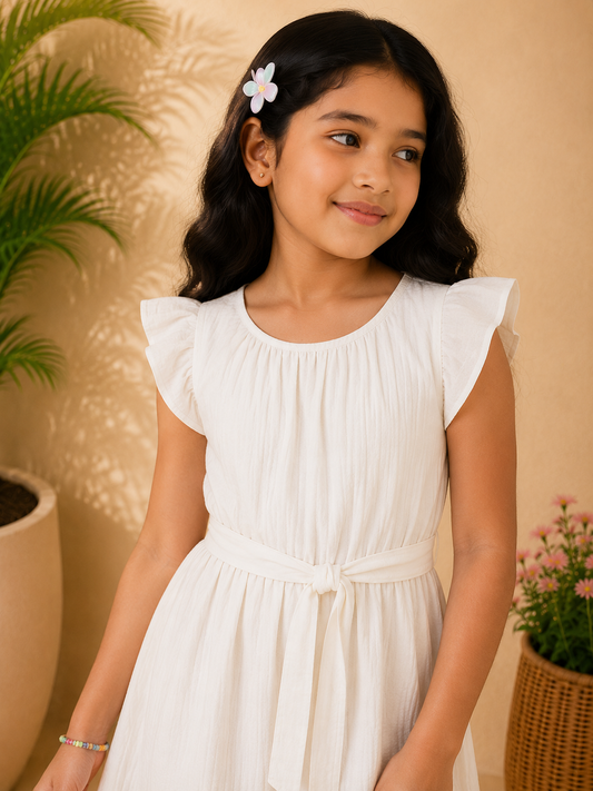 White girls short sleeve dress with subtle striped pattern and flared hem