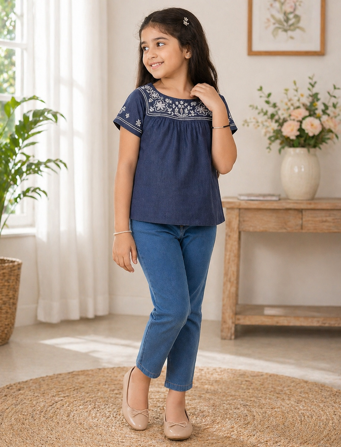Blue girls short sleeve top with white floral embroidery and gathered detailing