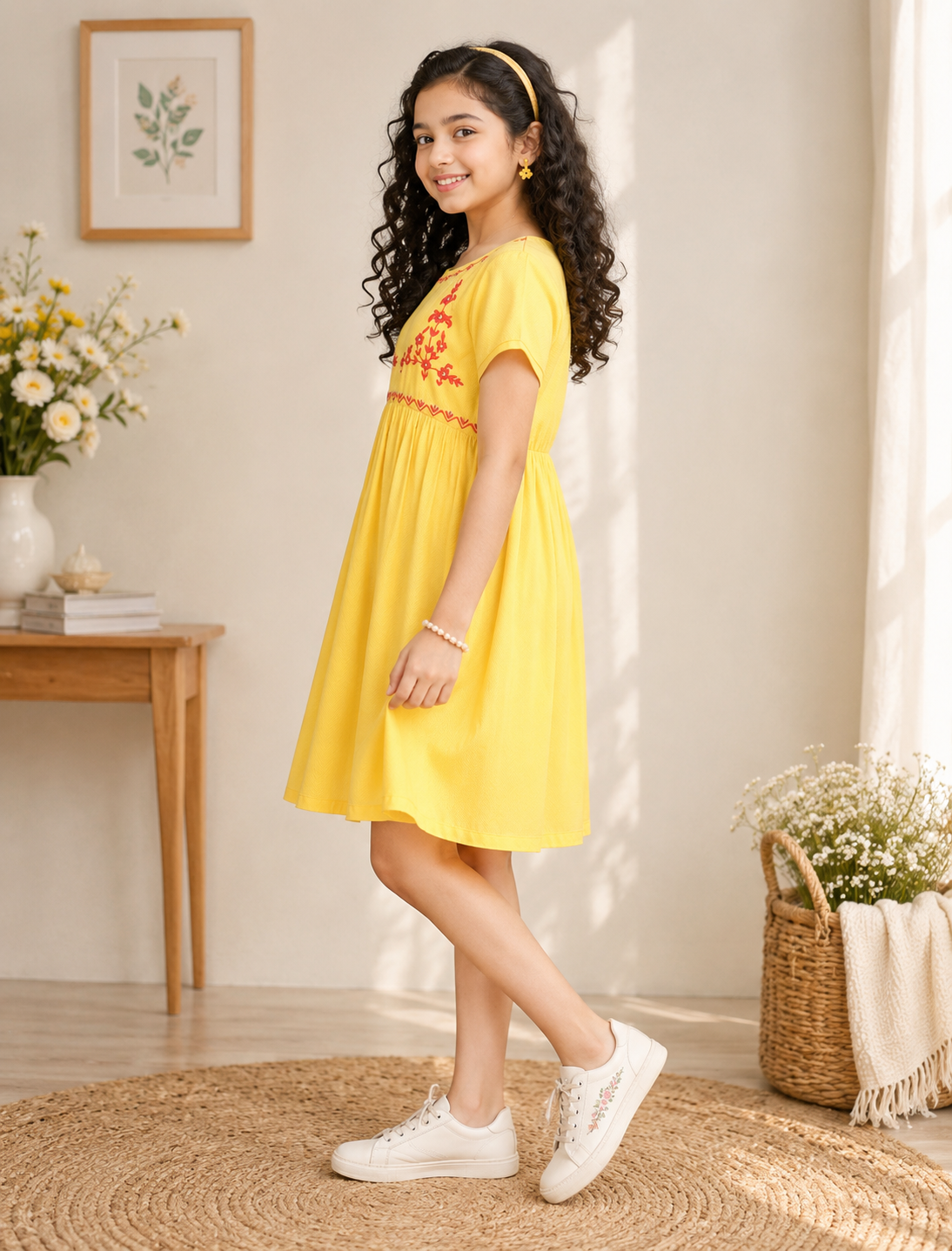 Yellow striped girls sleeveless dress with ruffle sleeves and flared hem
