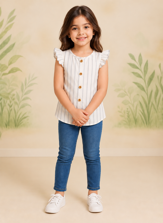 Girls White Vertical Striped Sleeveless Top with Ruffle Shoulders, Front Button Closure and Round Neck,